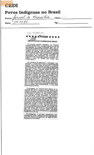 Fac-símile de reportagem do Jornal de Brasília em 1981, sobre a remoção forçada dos Krenak de sua terra, disponível no acervo do ISA