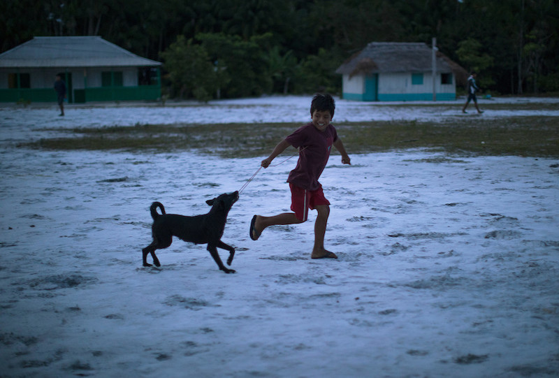 Criança baniwa brinca com seu cachorro na comunidade Canadá, na Terra Indígena Alto Rio Negro (AM), próxima ao rio Ayari @Carol Quintanilha / ISA