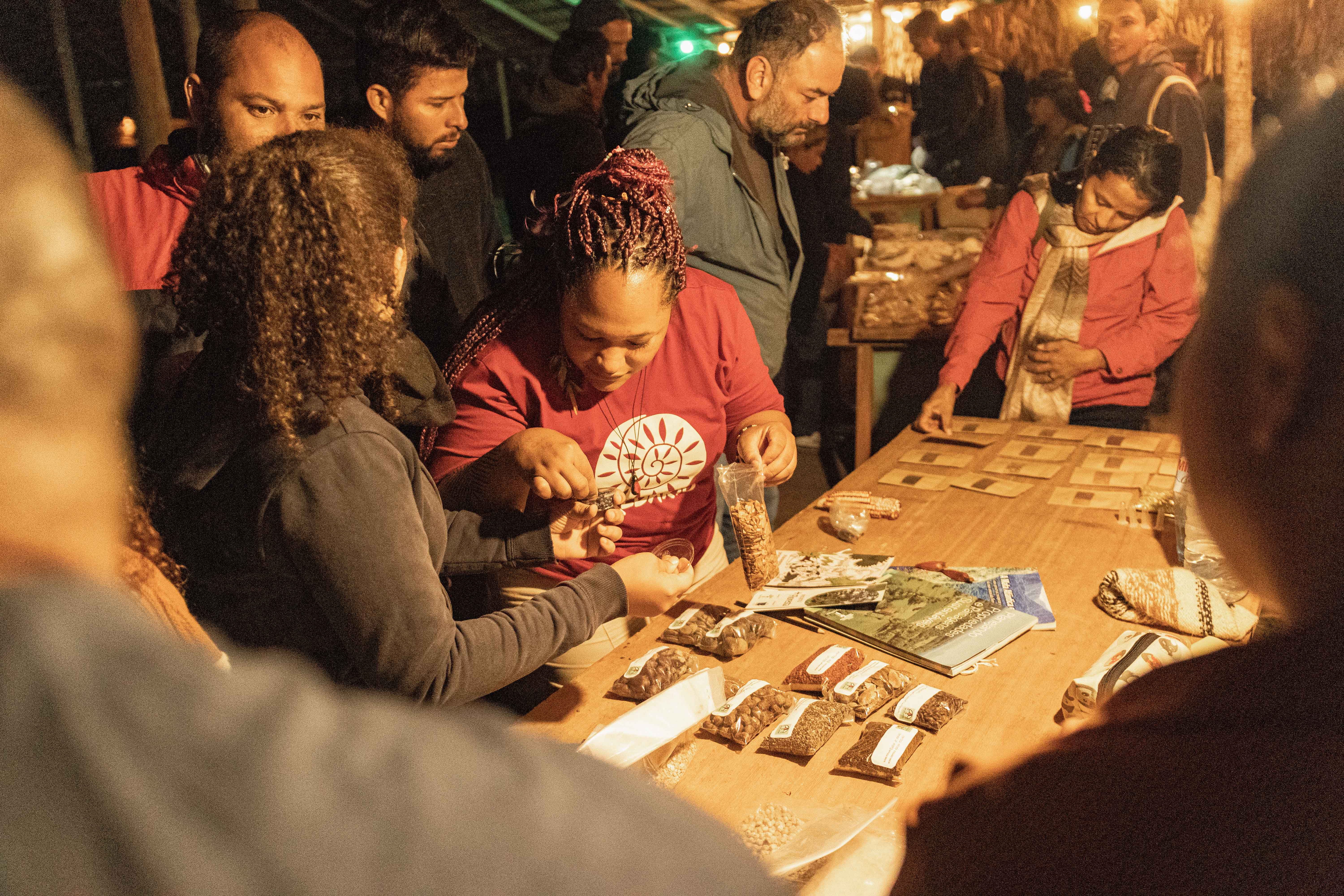 Participantes manuseando sementes durante feira de sementes na Aldeia Multiétnica em Alto Paraíso – GO|Webert da Cruz Elias/Redário/ISA