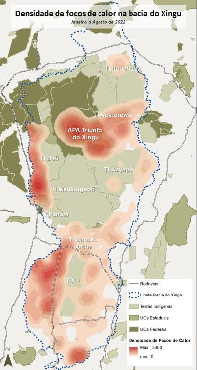 Mapa de densidade de focos de incêndio na bacia do Xingu