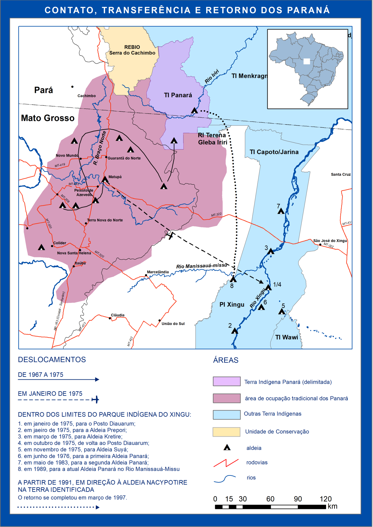 Mapa de deslocamentos dos Panará de 1967 a 1997