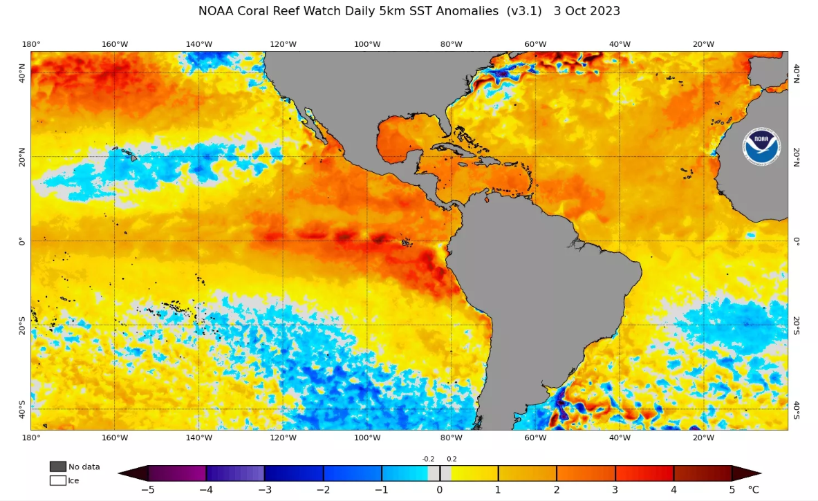 Aquecimento das águas do Pacífico Equatorial durante ‘El Niño’, 3/10/2023 | NOAA / EUA