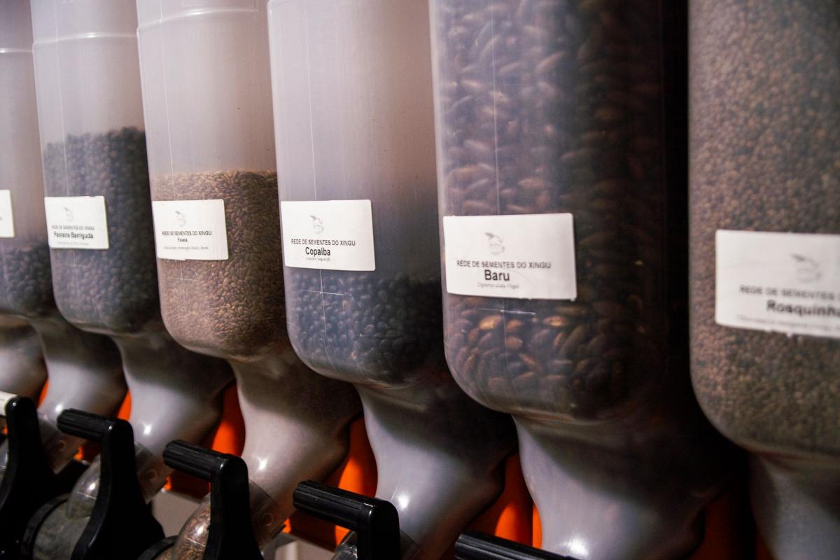 As sementes são armazenadas em dispensers, que facilitam a organização do dia-a-dia das Casas de Sementes, localizadas nos municípios de Nova Xavantina/MT, Canarana/MT e Porto Alegre do Norte/MT