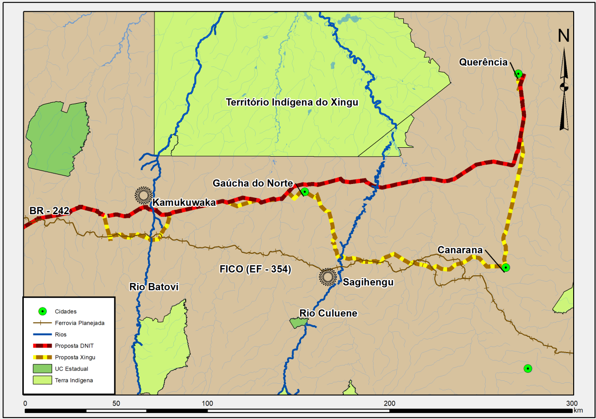 Mapa comparativo das propostas do DNIT e dos xinguanos em relação ao traçado da BR 242