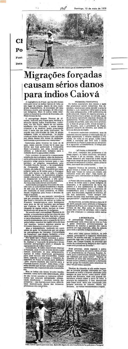 Fac-símile de reportagem da Folha de S.Paulo em 1979 sobre remoções forçadas do povo Guarani Kaiowa, disponível no acervo do ISA