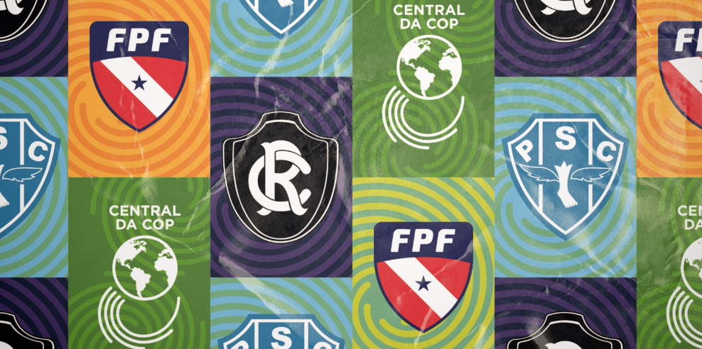 Escudos da Central da COP, da Federação Paraense de Futebol, do Paysandu e do Remo