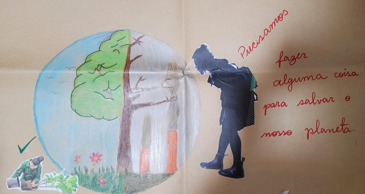 Ilustração de estudantes do Colégio São Gabriel apresentada durante o Ciclo de Estudos Interculturais em Políticas Climáticas