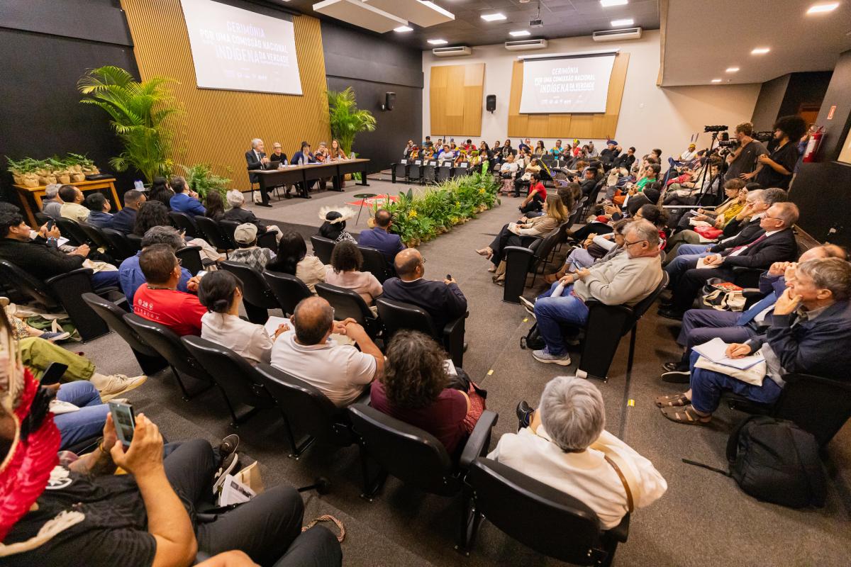 Lideranças indígenas, representantes do governo e integrantes do Fórum Memória, Verdade, Reparação Integral, Não Repetição e Justiça para os Povos Indígenas durante a entrega da minuta de criação da CNIV, em Brasília | Leobark / Secom / MPF
