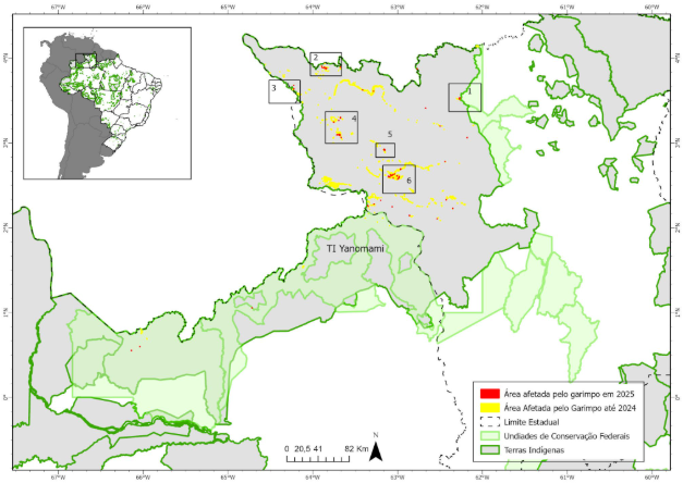 Mapa mostra Área afetada pelo garimpo na TI Yanomami com destaque para as zonas de maior impacto em 2025. 1) Ericó; 2) Cabeceira do Aracaçá; 3) Hokomawaë; 4) Parima-Parafuri; 5) Surucucus (Feijão Queimado); 6) Couto Magalhães