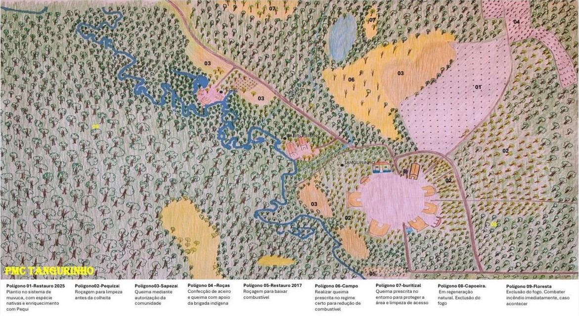 Plano de Manejo Comunitário da Aldeia Tangurinho desenhado a mão por Emilton Paixão