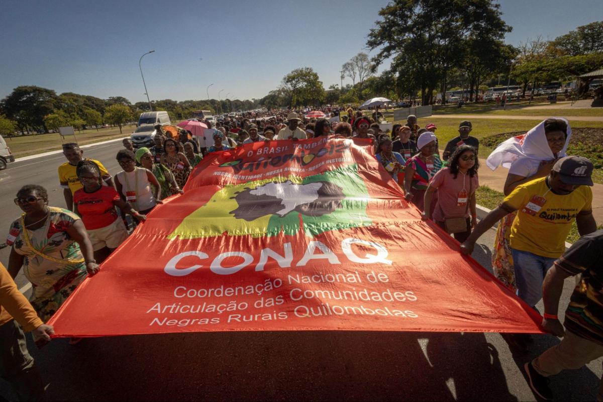 Participantes segurando a bandeira da CONAQ "O Brasil também é Quilombola, nossa identidade, nossa riqueza, nossa história"