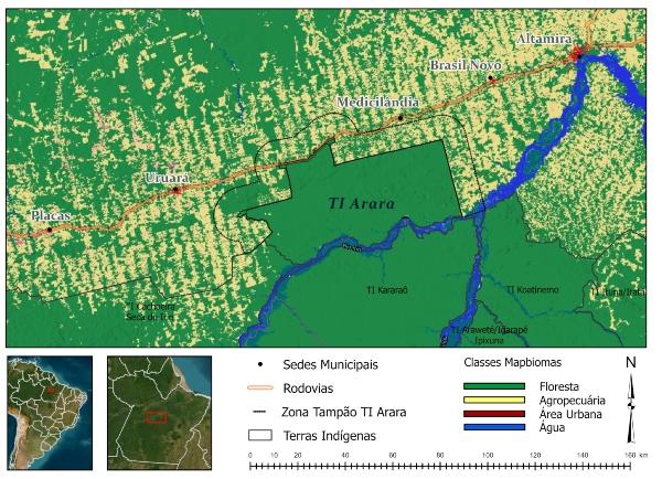 Mapa da TI Arara e a Zona Tampão de 10 km do limite