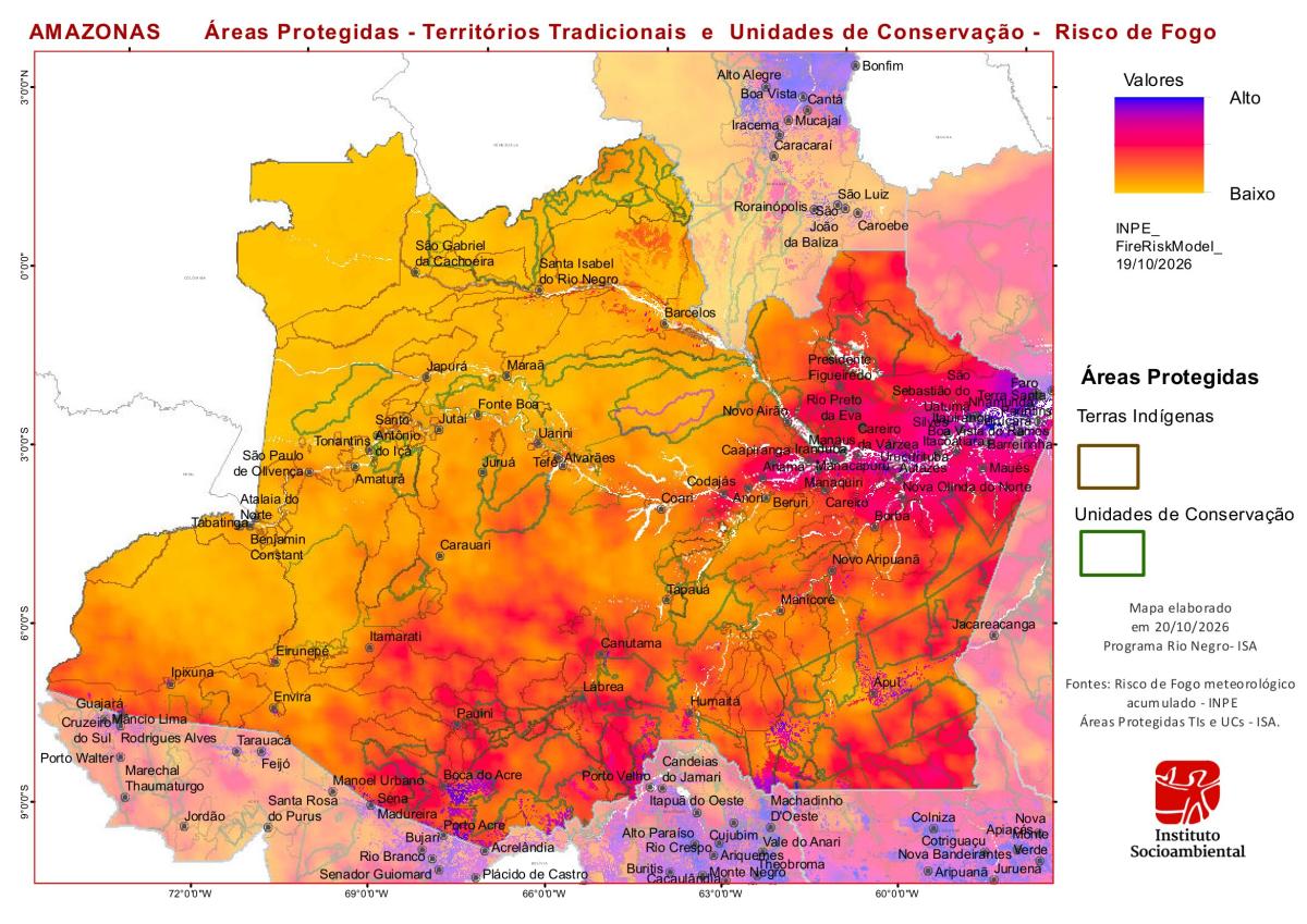 | Mapa de vulnerabilidade a incêndios produzido pelo ISA apresenta dados meteorológicos do Inpe acumulados até 19/10. Imagem aponta médio e alto risco de incêndios na maior parte do Amazonas.