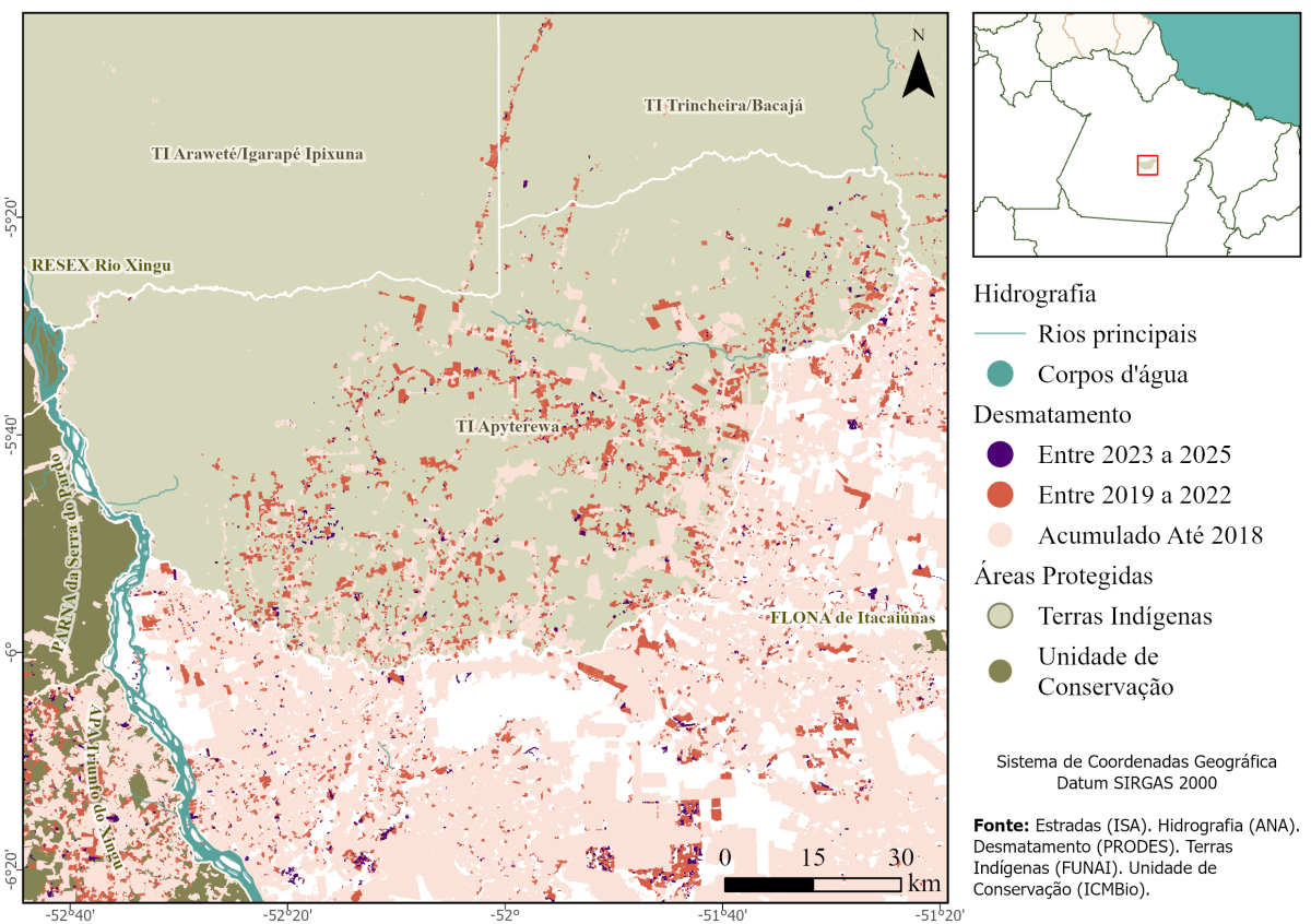 Mapa apresenta desmatamento acumulado na TI Apyterewa
