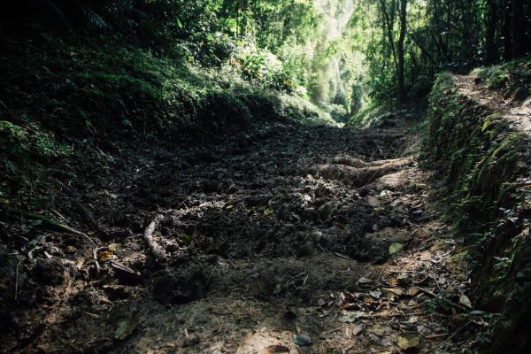 Em alguns trechos da trilha, o barro se acumula, tornando o caminho ainda mais perigoso